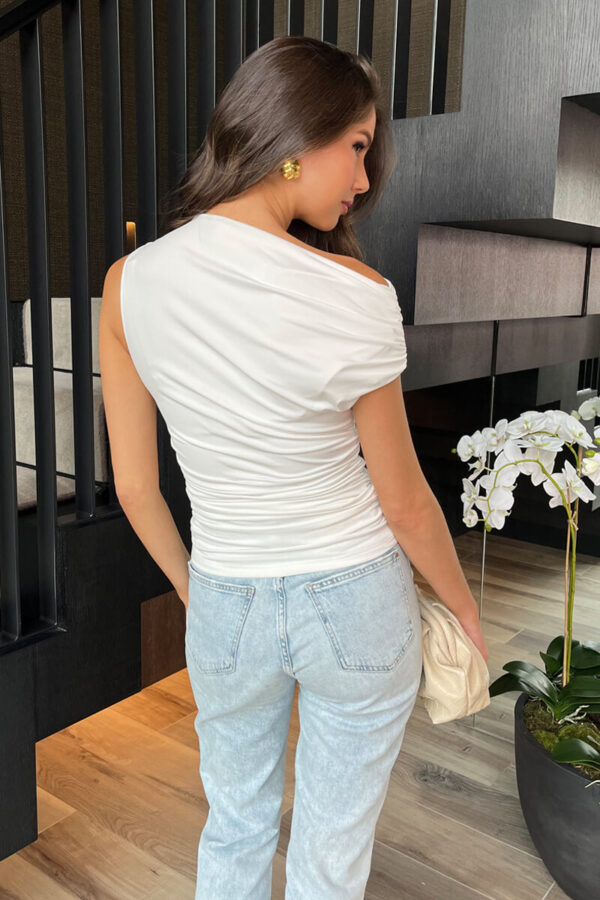 Cream Off The Shoulder Ruched Waist Draped Top - Image 5