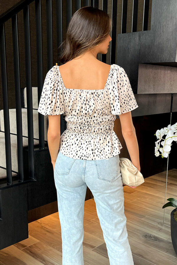Cream And Black Spot Printed Flutter Sleeve Shirred Waist Top - Image 5