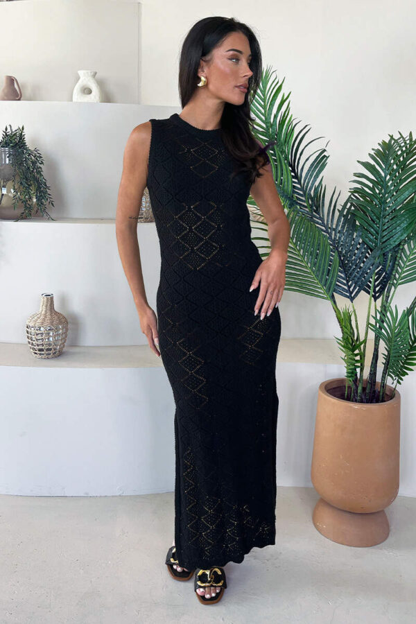 Black Crochet Knit Split Leg Midi Dress - Image 3