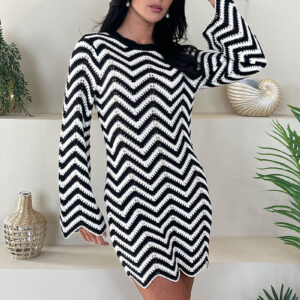 Black And White Zig Zag Long Sleeve Crochet Mini Dress