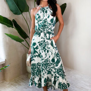 Multi Printed Frill Hem High Neck Midi Dress