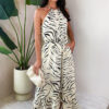 Multi Animal Print Frill Hem High Neck Midi Dress