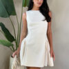 Cream Round Neck Pleated Hip Mini Dress